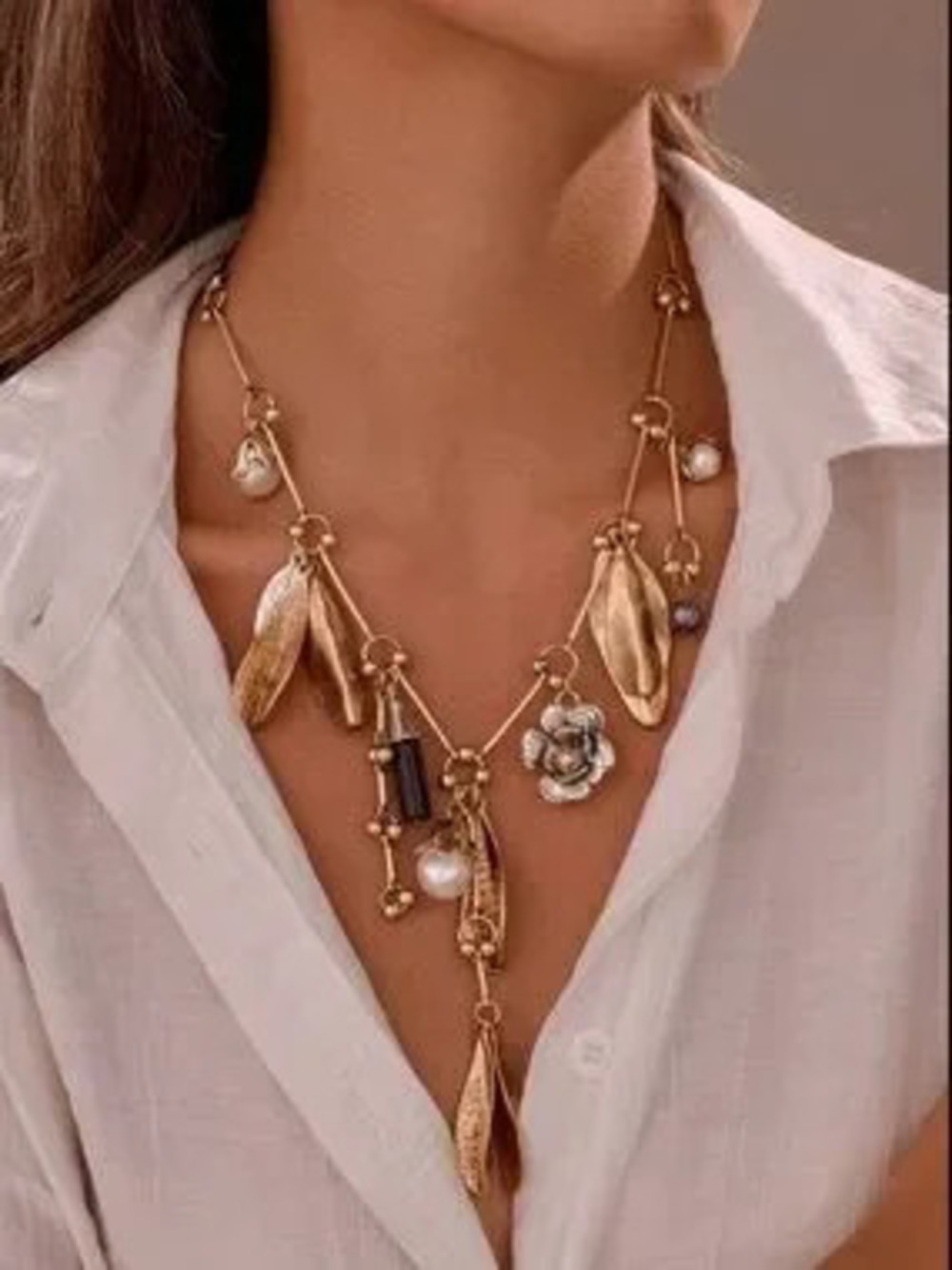 Luxe Sculptural Gold Charm Necklace with Pearls
